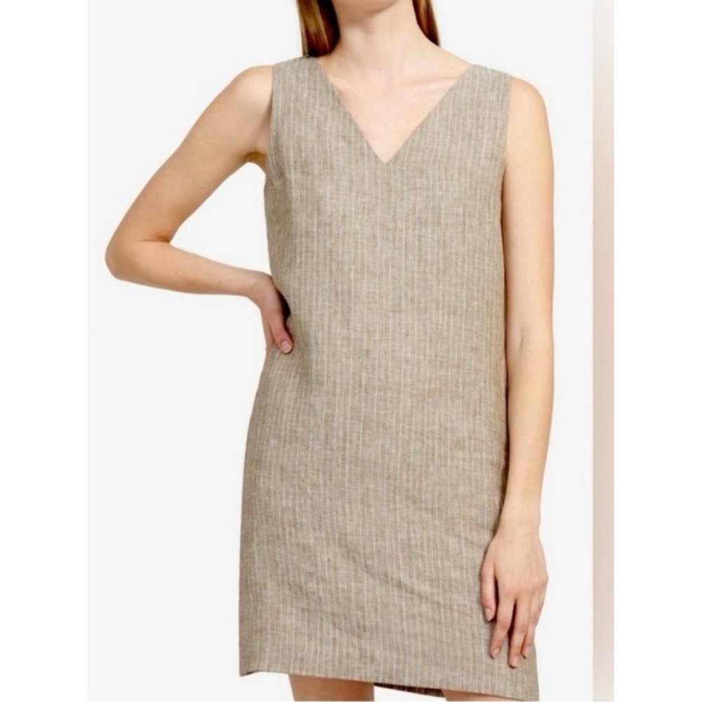 Theory 100% linen Womens Beige Pinstripe  V-Neck Sleeveless Shift Dress Size 4